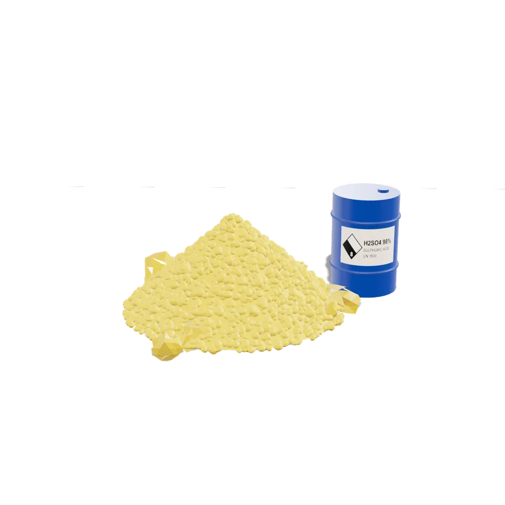 A heap of granular sulphur beside a drum of sulphuric acid, 3D render